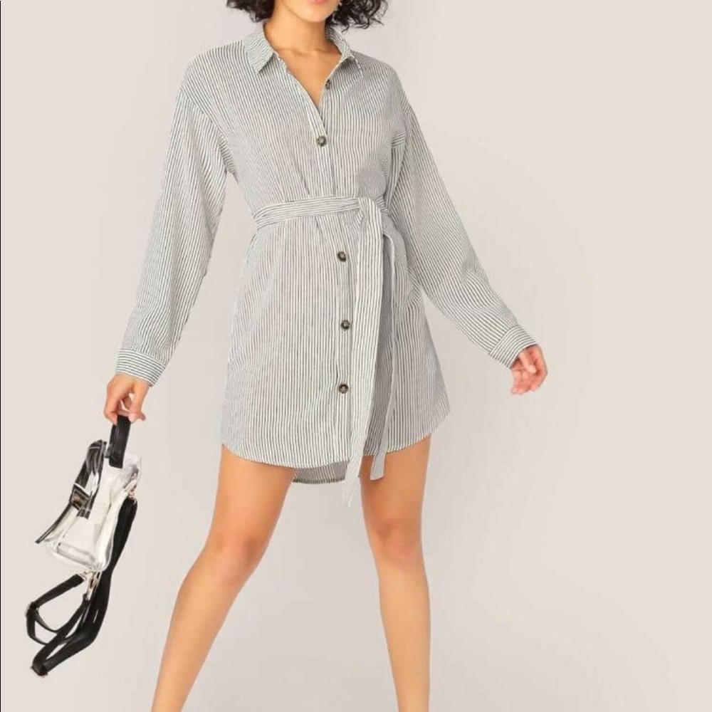 Button Up Waist Tie Long Sleeve Stripe Shirt Dress